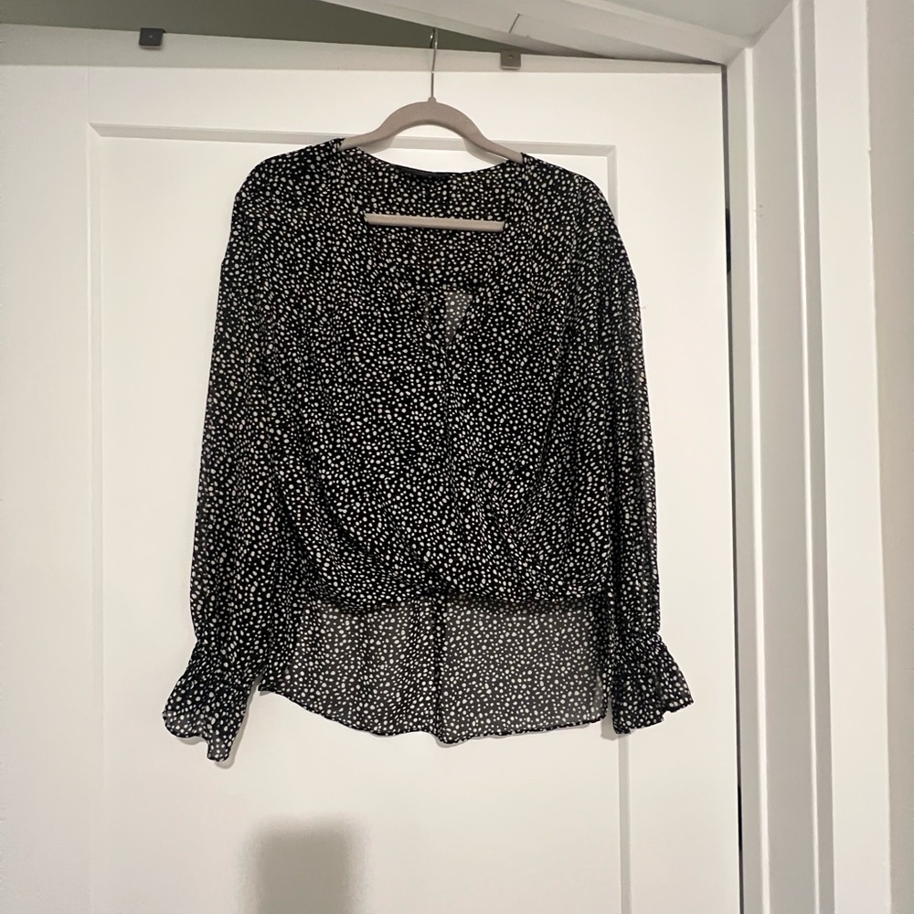 All Saints Black and White Sheer Wrap Ruffled Blouse